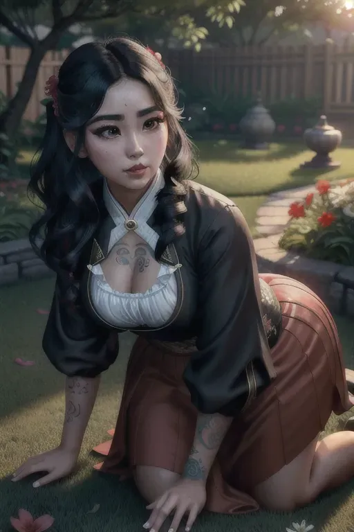 a photo shot of,a venezuela girl,wearing hanbok,all-fours,in the garden,natural breasts,five fingers per hand,wavy curtain bang,charming face,beautiful lips,detailed large eyes,curved eyebrows,curved eyelid,tattoo,sharp focus,unreal engine,cinematic lighting,pixiv,professional