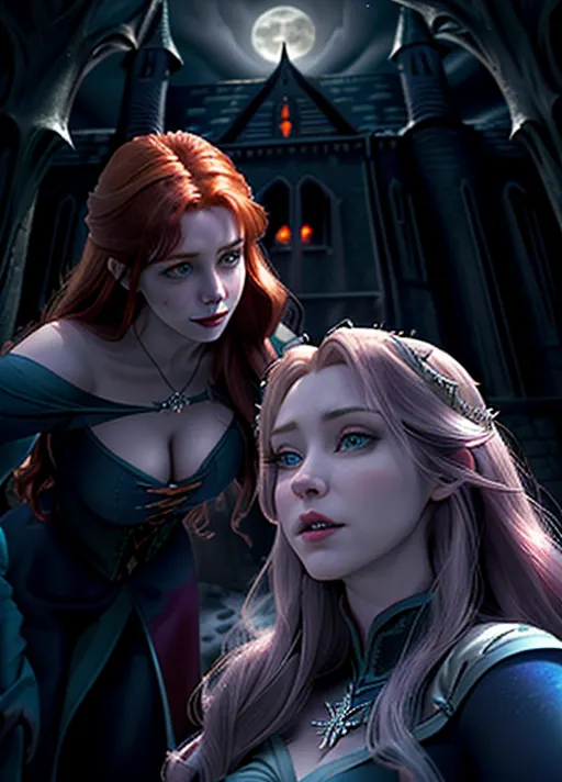 low angle close-up Beautiful terrified auburn haired Queen Anna and platinum haired Elsa of Arendelle A vampire looming up behind them exploring the very dark cramped spooky cobwebbed halls of a haunted house photorealistic.