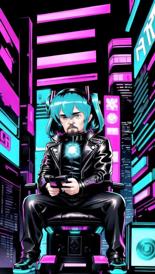 peter dinklage in a cyberpunk setting, wearing a leather jacket, learning to hack, with cybernetic augments, beautiful eyes, holding hatsune miku