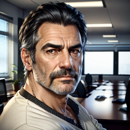 realistic HD photograph ((wide shot)), ((((accurate face)))), much older, man, aging black hair, sitting in an office, warm lighting, shuffled casual clothing, facing the viewer, bored facial expression, brown eyes
