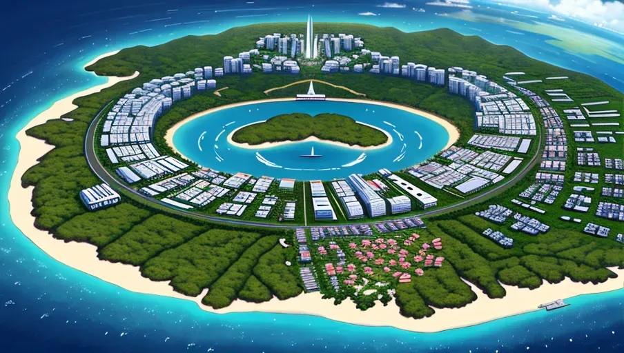 8k, realistic, tropical paradise island in 2050, with futuristic mansions, yatchs, bungalows, above the 5 star paradise, luxury living, disneyland for adults, heaven on earth, divine creation, perspective, world view, heaven coming down to earth, life is perfect, the weather is amazing, you want to jump inside of the image, as the image is jumping out to you wanting to suck you in and grab you in because its so beautiful, game board like divine perspective over view where you could huddle up
