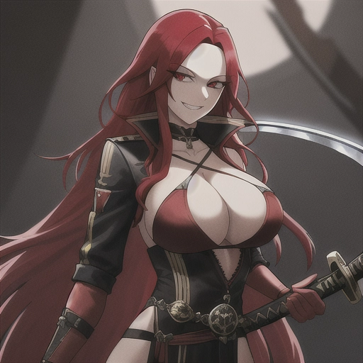 distant shot of a highly detailed slim woman with a sadistic smile with long red hair looking back with a bandana wearing black jacket and large cleavage and tiny waist and holding a sword