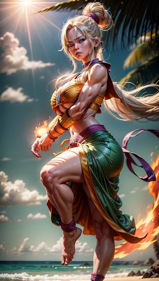 A digital art of, professional photograph, a (((delicate woman))) is doing a Kamehameha on an island, bright green long hair standing on end, (((hands stretched for a Kamehameha))), (((holding a big fire))), (shouting), (((wearing a namek outfit))), highly detailed eyes, perfect eyes, beautiful face, highly detailed face, perfect breast, perky tits, <lora:dpmg_add_detail:1.4>, sunny bright light, paradisiac shore, (Kame Sennin amazed in background), bokeh, five fingers per hand, cinematic composition, UHD, HDR, highest quality, highest resolution, (photorealist:1.2), (photorealism:1.2), (masterpiece:1.4)