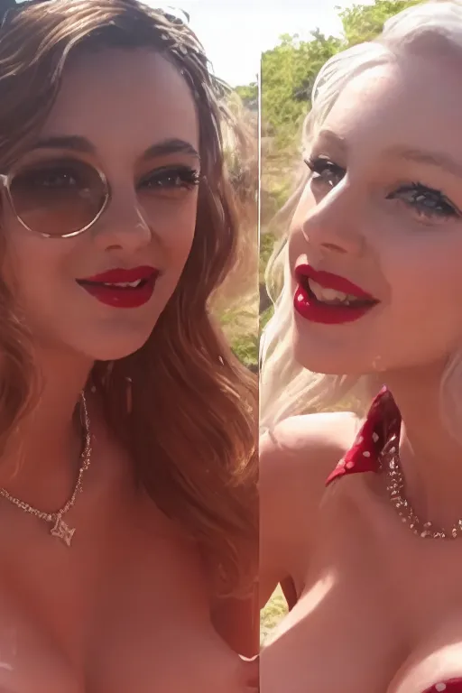Photorealistic image of two girls side by side exactly as they appear in the inspiration image outdoors, red lipstick, lots of cum over both their faces, 4K, hdr
