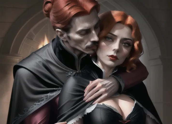 an older distinguished short black-haired masculine Dracula with very high collared cape, embracing Sweet innocent beautiful elegant auburn haired in a low bun Queen Anna of Arendelle in green portrayed by Willa Holland deeply hypnotized and enthralled lips parted in arousal, fingering recent hickey on her neck from behind kissing her neck. PHOTOREALISTIC.