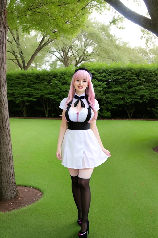 long hair, pale skin, pink hair, blue eyes, black choker, giant H-cup breasts, wavy hair, maid uniform, smiling, full body photo, 28 years old, miniskirt, cleavage, high heels