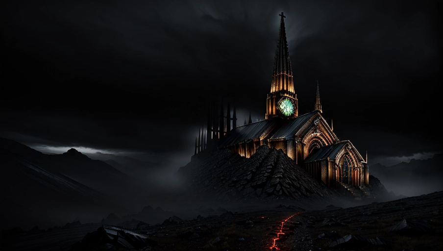 High resolution 4k image (((exterior shot))) outside of a steampunk cathedral (in the style of warhammer 40k) on top of a rocky mountain. Dark and gloomy atmophere.