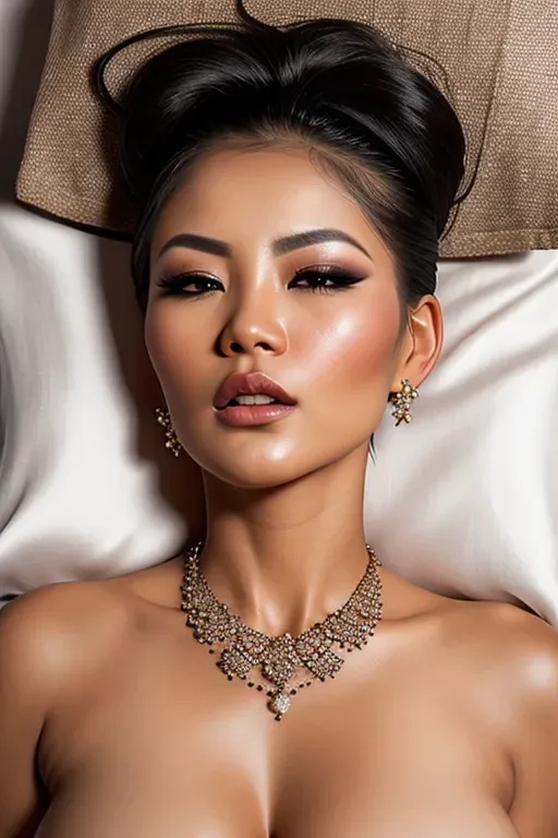 16k resolution Fuji XF 56mm f 1.2 ISO 100 ultra detailed glamour photography extreme extreme closeup of a gorgeous Thai woman, full makeup, (on her back) (head on a silk pillow), (messy hair splayed out on a silk pillow), beautiful eyes, arched eyebrows, curved eyelids, ((pov extreme closeup of her right earlobe)), earrings, necklace, sensual lips, (orgasming expression), (climaxing expression), (expression of intense sexual pleasure), (sexually aroused), (sexually excited), (fuck me look), small natural breasts, realistic areola, realistic skin color, realistic fading tan lines, realistic skin tones, realistic skin texture,