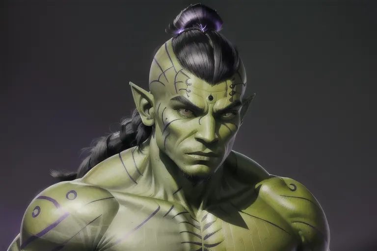 Mirialan, Muscular male, (((green skin))), black tribal tattoos, long black hair, purple eyes, cheerful, gray shirt, gray pants, futuristic clothing, alien, sfw, headshot, masterpiece, absurdres, ((((solo focus)))), 8k, perfect edges, ultra realistic, perfect anatomy, low light, perfect face, fine details, realistic shaded, photoshoot, male