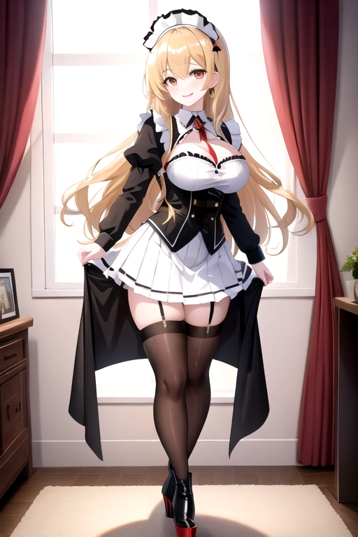 long hair, pale skin, blonde hair, brown eyes, black choker, giant H-cup breasts, wavy hair, black maid uniform, smiling, full body photo, 28 years old, miniskirt, cleavage, high heels, red corset, 8k quality, red boots, in living room