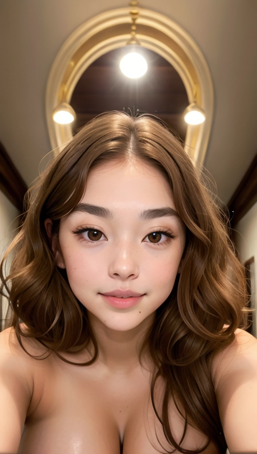 22, (olivia casta), ((detailed face)), (freckles:0.4), wavy long light brown hair, french, european, (large breasts:1.4), light complexion, (narrow face:1.7), square jaw, narrow nose, dark hazel eyes, short pupillary distance, (full lips:1.5), wide upper lip, high cheekbones, small eyes, narrow eyes, upturned eyes, thick eyebrows, smiling, (full body shot), editorial, nude, standing, runway