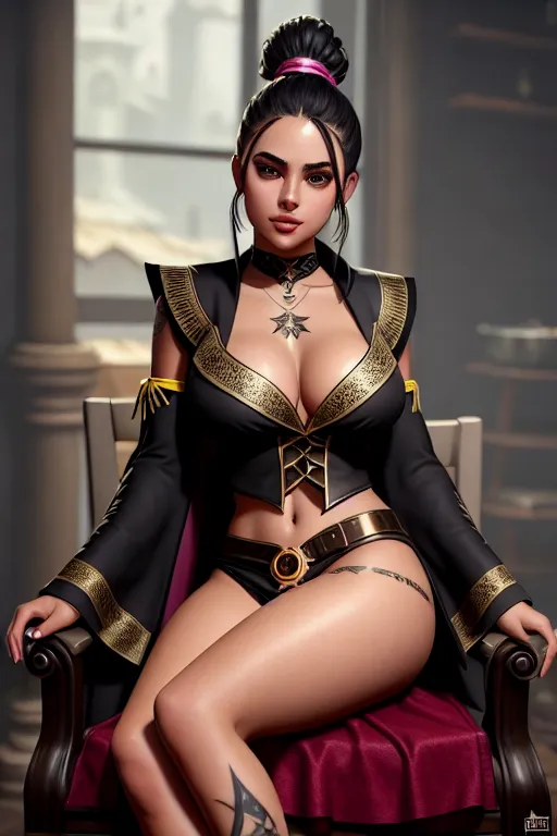 a concept art of,a colombia girl,wearing wizard clothes,sitting in a chair,indoor,amazing breasts,five fingers per hand,ponytail,beautiful face,beautiful lips,black eyes,curved eyebrows,smooth skin,joyful,tattoo,studio lighting,surreal,cgsociety,artstation,pixiv