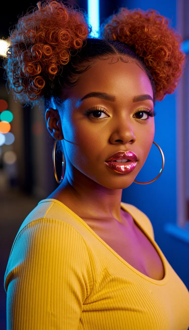 A stunning, confident Black woman with voluminous fiery red-brown curls styled into two bold buns stands as the focal point of a cinematic portrait, wearing oversized gold hoop earrings and a shimmering yellow ribbed top, her gaze direct, magnetic, and self-assured. Dramatic neon lighting shapes the scene, with warm golden tones sculpting her face and highlighting her radiant features while cool electric blue light washes the background to create a vivid, high-contrast urban nightlife atmosphere. Her lips gleam with metallic pink gloss, adding a luminous accent to her expression, while the composition emphasizes her presence through close portrait framing, clean focus, and polished beauty detail. Photorealistic digital art with rich skin tones, natural skin texture, glossy makeup detail, vibrant color contrast, high-energy contemporary nightlife styling, crisp portrait clarity, no watermark, no logo, no readable text.