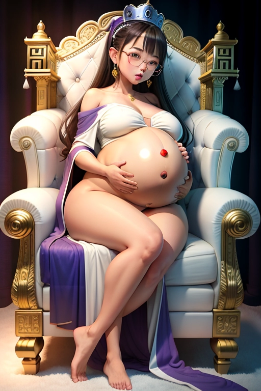 (((((full body image))))), (((sitting on a throne))), (((beautiful young petite Filipina princess))), ((eye contact)), ((((cute asian eyes)))), mouth open, (((licking lips hungrily))), (tongue), (((<lora:dpmg_awaitingtongue_v1:1>))), ((drooling)), drool is dripping from her mouth, ((wearing open loose blue robe leaving belly and breasts fully exposed)), clothes are too small for her, ((exposed bare belly)), ((((((huge bulging protruding swollen pregnancy belly)))))), (((gigantic pregnancy belly))), (((legs spread wide open))), (((she wants to bite me))), ((she is very hungry)), barefoot, ((blushing)), cute round glasses, ((((perfect belly anatomy)))), she is perfect and beautiful in every way