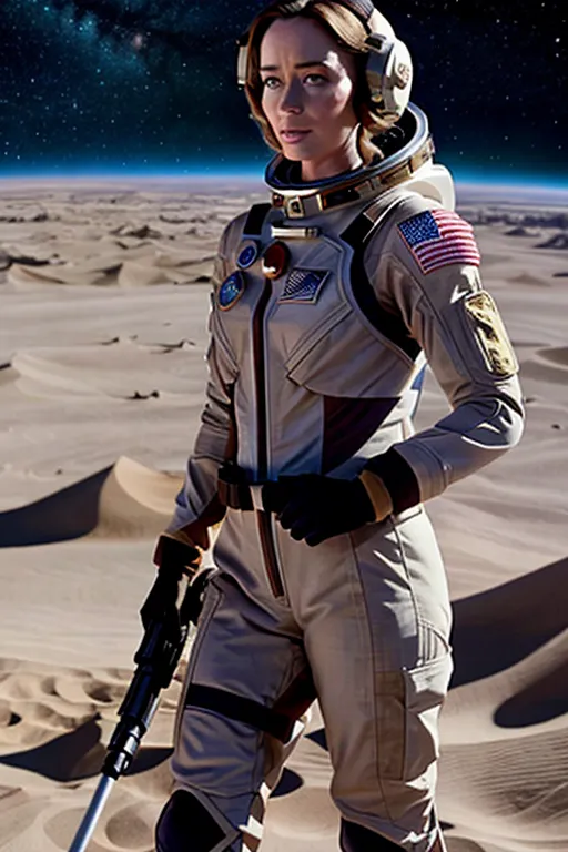 a photograph of Emily Blunt, wearing a brown NASA space suit, styled hair, looking at camera, happy,
<lora:dpmg_add_detail:0.5>, ((masterpiece)), ((photograph quality)), ((realistic)),
