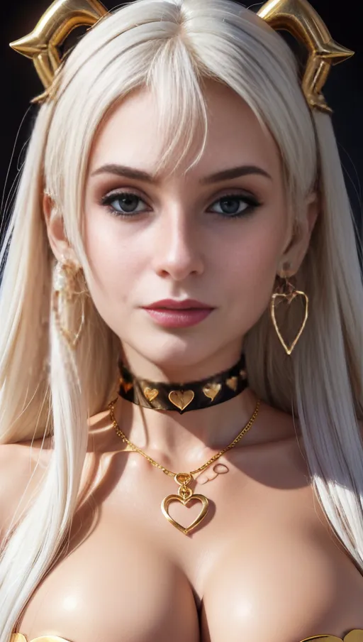 best quality, (((ultra high res))), (detailed face and eyes), hearts, perfect face, big choker, golden earrings, jewelry, ((eyes closeup)), glowing heart, golden heart necklace, big heart pasties, white hair, covered by gold, golden skin, chained, succubus tail