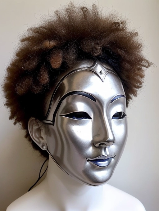 Create a vivid depiction of a porcelain mask, its delicate features void of eyes. The left cheek and jaw were carefully repaired using the ancient Japanese art of Kintsugi, giving the mask a unique and striking appearance. A halo of silver wraps around the temple and encircles the head, adding an ethereal glow to the mask. Despite its repairs, the mask exudes a sense of beauty and resilience, symbolizing the strength and resilience of the human spirit. It holds a deep spiritual significance as if it has been imbued with mystical powers that heal and protect those who wear it.