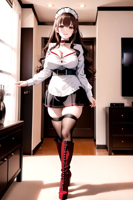 thigh high socks, miniskirt, red maid uniform, brown hair, choker, brown eyes, pale skin, giant breasts, boots, cleavage, high heels, looking at viewer, walking across room, living room, 1girl, smiling, wavy hair, 8K, Full body photo