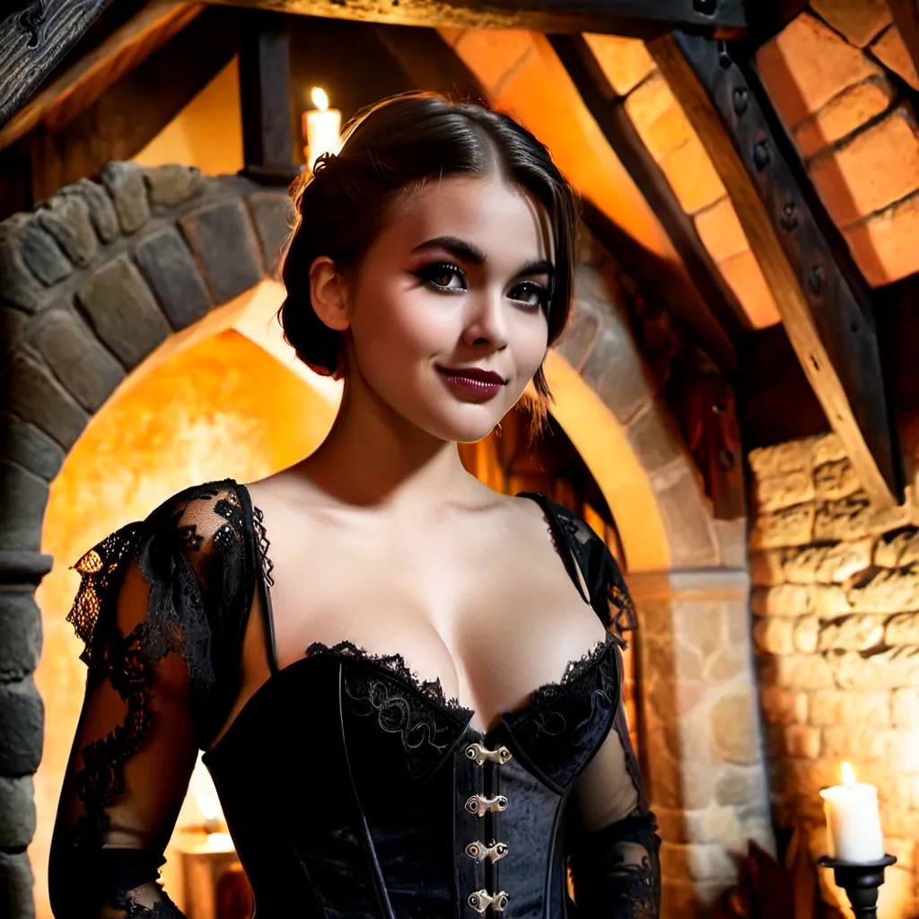 A full-body cinematic portrait of an adorable young girl with a distinct goth aesthetic, maintaining her natural facial dimensions and soft features. She has large, expressive hazel eyes framed by delicate dark eyeliner and long lashes, and a slight, mysterious smile on her rose-tinted lips. Her medium-sized round breasts are elegantly pushed together to create a prominent cleavage within a structured corset-style dress made of intricate black lace and velvet. The dress flows down her frame in a medieval silhouette. She stands in the center of a rustic, dark medieval cottage, where the atmosphere is moody and atmospheric. The background features rough-hewn stone walls, heavy timber beams, and flickering candlelight that casts warm, dancing shadows across the room. Dust motes dance in the dim light, highlighting the textures of the lace and her smooth skin. The camera uses a wide-angle perspective to capture her entire figure against the cozy interior. The color palette is dominated by deep charcoals, rich blacks, and warm amber glows, creating a sophisticated yet mystical mood. High-detail textures, 8k resolution, photorealistic style with soft volumetric lighting.