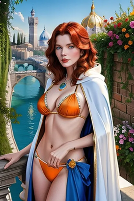 Colour painting of a young Katharine Hepburn, auburn hair, wearing white cloak and elaborate blue and gold bikini, in a high place with Italian cityscape below her, orange flowers