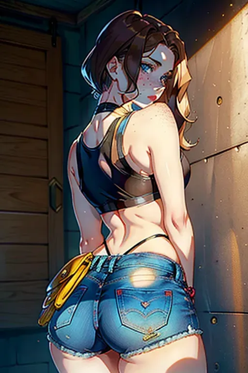 Oval heart face shape, angular jawline, barely visible freckles on the cheeks, height: 5 feet 3 inches, pale skin, brown hair, blue eyes, hair that just goes past her shoulders, rectangle-shaped figure, pronounced hips, good shoulders, and a well-defined waist, c cup, shaved pussy, plain black tank top, chocker, jean shorts, amazing ass