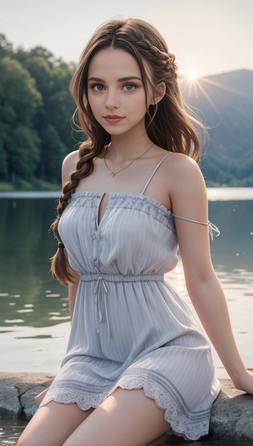 young woman, cute, brunette hair braided, in the style of hyper-realistic,
32k uhd --ar 9:16 --stylize 750 --v 6,
(short_summer_dress), (low-cut), (unbuttoned_dress, revealing small breasts:0.9),
secluded_lake, ripples, sun_down, dusk, evening, atmospheric, bokeh,
full length frame, 35mm