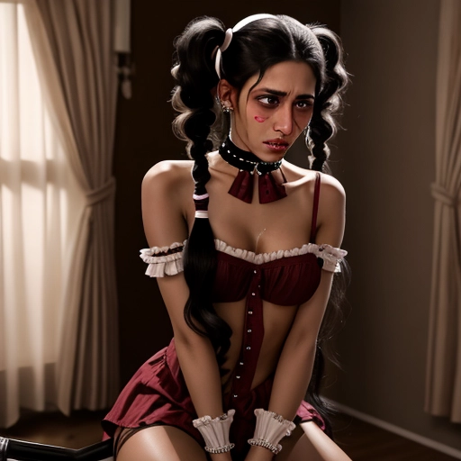 Beautiful skinny 18 year old Roma girl crying scared with pigtails and choker with curling iron shown in pussy
