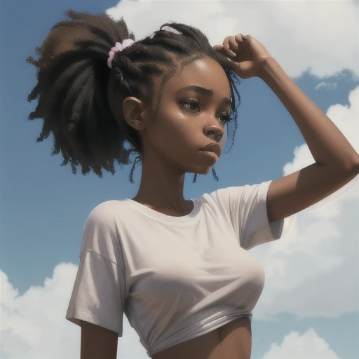 nude woman 18, (boondocks), smaller than average breast size, big ass, black hair, perfect vagina, african, hair in one ponytail, brown highlights, Miami, dark brown skin, very small areola, looking at the sky, white t-shirt cut so much it does not cover breast