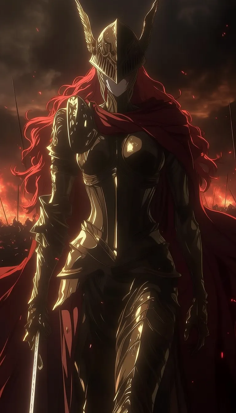 dark_art_style, malenia blade of miquella, 1girl, solo, red hair, long hair, wavy hair, helmet, armored helmet, winged helmet, face covered, no eyes visible, serious, stoic, standing, front view, centered, symmetrical, armor, full armor, golden armor, plate armor, pauldrons, gauntlets, breastplate, metallic, reflective, red cape, red cloth, skirt armor, knight, warrior, fantasy, epic, powerful, sword, holding sword, battlefield, fire, smoke, dramatic sky, red lighting, cinematic lighting, dramatic lighting, high contrast, shadows, anime style, detailed, high detail, masterpiece, best quality