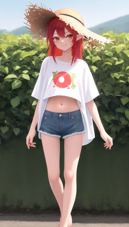 A young and cute farmer human goblin girl, with red hair and a straw hat, she has green tint skin, wearing a loose white crop t shirt and very short denim shorts, that show her legs and bare feet, tummy, navel, midriff