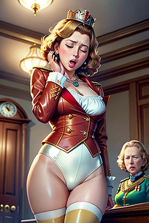 Colour picture of a ((young brunette Queen Elizabeth II)), ((accurate face)), ((short dark hair)), and a ((young blonde Margaret Thatcher)), ((accurate face)), ((short blonde hair)), in white leather jacket and tight black latex panties, ((bare thighs)), elegant interior, elaborate necklace, She must be having a powerful (((sneezing fit))) ((sneezing)) allergy, hay fever, with her nostrils flaring, ((her eyes closed)) and ((her mouth wide open)),
