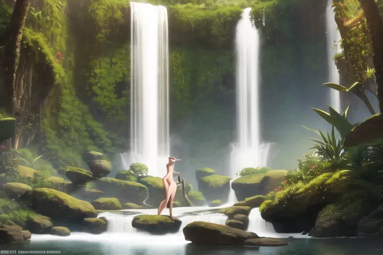 digital art, 20 year old, a cat girl, slim, naked, jungle waterfall, daytime, natural light, happy, 8k, professional