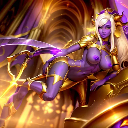 a (One Person Only) Zoomed in nude sexy African face holy Draenei female with purple skin with golden nipple in a cathedral a wielding gold sword