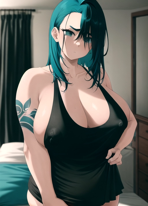 1 punk girl in her bedroom, wearing panties and a loose fitting tank top. She has clean cut slicked back <black-teal> hair. Tattoos, (Chubby soft body), small natural breasts, cold nipples visible under her clothes, thick ass, thick thighs, HDR, high quality, high detail, Katsuhiro Otomo,