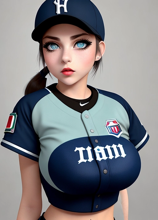 Cute Italian girl, simple grunge makeup, pale blueish colored eyes, big wide eyes, black hair, ponytail, big lips, high riding huge boobs, gigantic tits, baseball uniform, baseball cap, photorealistic, best quality, ultra high resolution