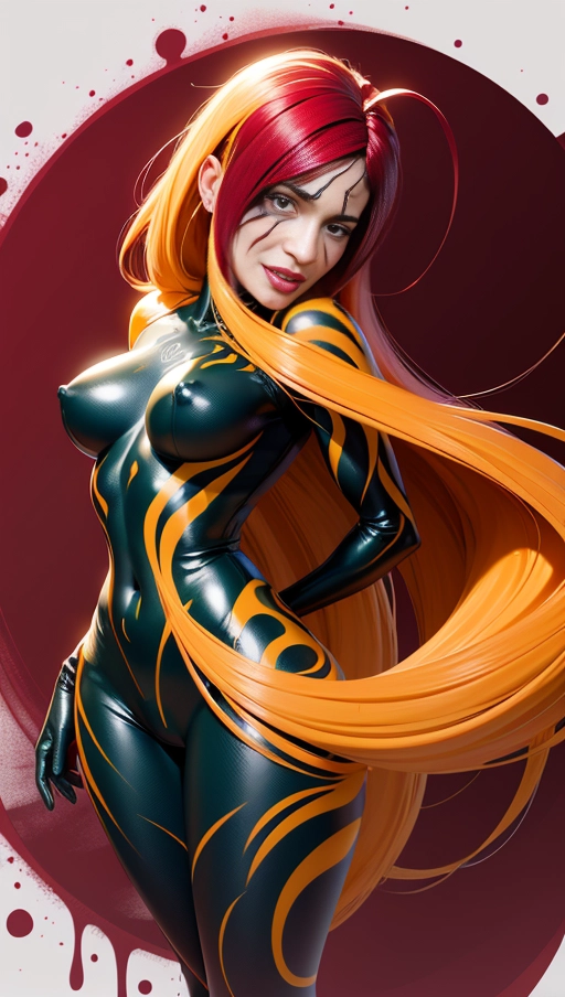 ((Burgundy red and yellow symbiote girl)), ((hair-raising symbiote)), ((burgundy red and yellow symbiote goo)), ((((burgundy red long hair with yellow strands)))), ((red and yellow symbiote goo suit)), (yellow strands), (((symbiote goo face))), (((((symbiote goo hair))), ((((symbiote goo face transformation)))), symbiote goo body, female venom symbiote face