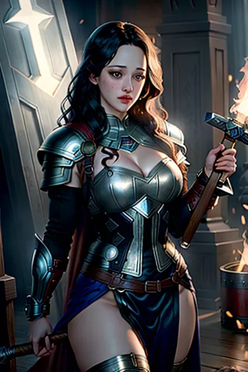 Kat Dennings, beautiful, triumphant, masterpiece, best quality, extremely detailed face, perfect lighting, Dressed as Thor, wielding Mjolnir, in Valhalla