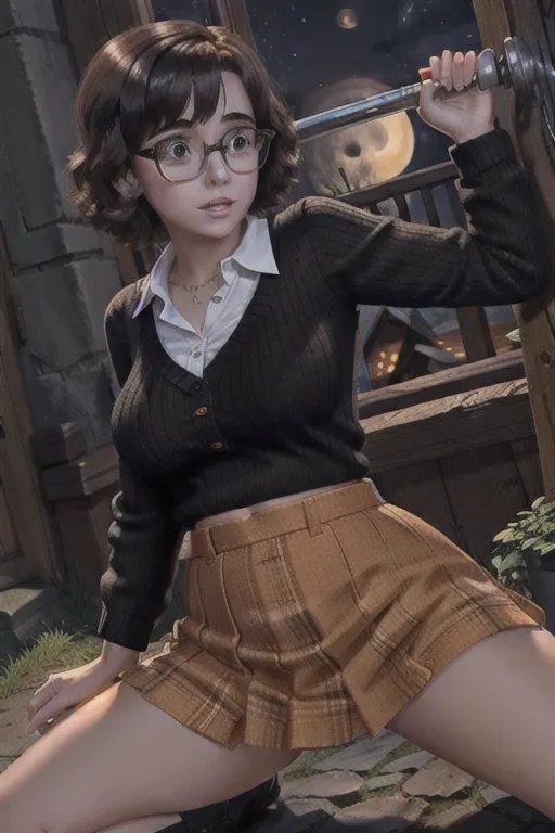 Photo of velma from scooby doo, young woman, wearing an orange sweater, wearing black rimmed glasses, wearing a plaid miniskirt, wearing knee high socks, looking at away from Camera, beautiful face, beautiful eyes, small pupils, short brown hair, big plump breasts, ((lifting up her shirt to expose breasts)), in dark cemetery, at night, full moon, volumetric lighting, focused, crawling on all-fours, upskirt, fingering pussy, erotic <lora:dpmg_scared_expression:1>