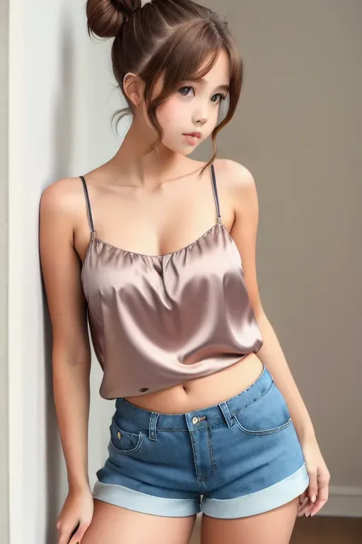 Best quality, tomboy sister with brown hair in small bun, satin camisole and shorts, embarrassed expression, large breasts, leaning towards viewer,