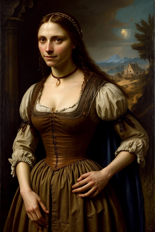 a young lady with a slave collar, torn rags her only clothing, on the run from her captors, heroic fantasy setting, rendered as a painting in the style of da Vinci, detailed accurate face, ((pretty face))
