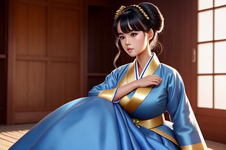 a illustration of,kim so hyun,wearing hanbok,sitting on bent knees,indoor,big breasts,five fingers per hand,updo hair,beautiful face,beautiful lips,blue eyes,curved eyebrows,textured skin,satisfaction,wearing golden ring,ultra realistic,highly detailed,8k,artstation,bokeh
