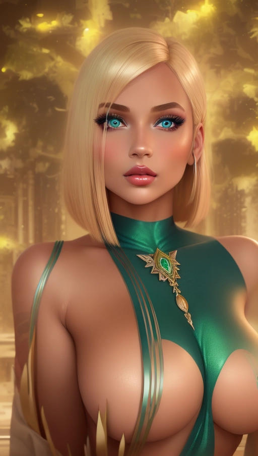 young glamorous woman, gorgeous face, blue eyes, rosy cheeks, tanned skin, short blond hair, heavy eyeshadow, tattoos, nude, medium breasts, bright lips, highly detailed skin textures, highly detailed eyes, blank green background, thick body