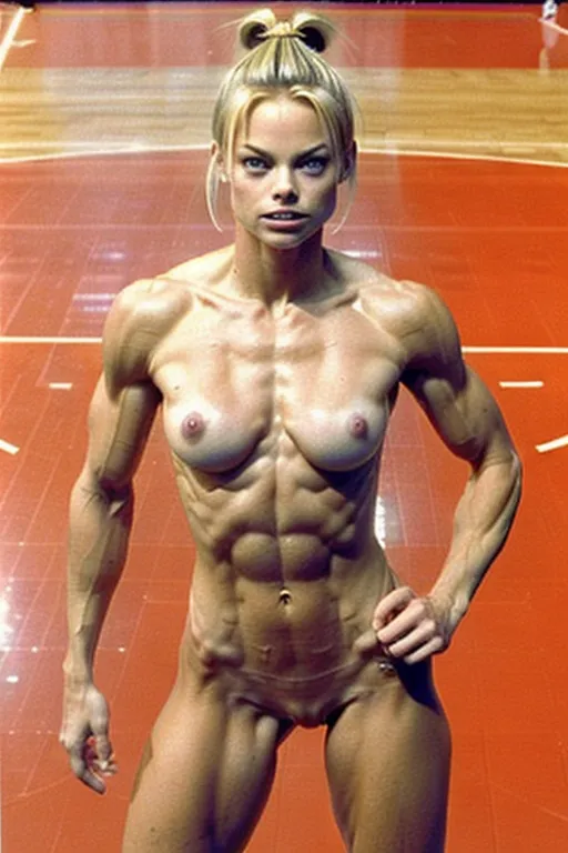 A very fit 20 year old fully naked Jaime Pressly, look of pleasure on her face, pushing her abs out, very low body fat, extremely lean body, perfect body, showing her vagina, standing naked on a basketball court during a NBA game in 1998, fully nude, spreading her legs, perfectly shaped breast, blonde hair, spreading her legs wide open, hair bun