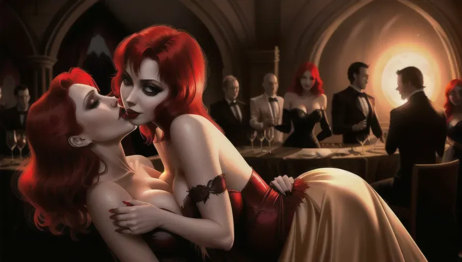 medium shot of the sexy vampire vixens of Dracula hungerly at an erotic party with their redheaded hypnotized innocent victim. Drinking, dancing, kissing her lips, her neck, her breasts, seducing their hypnotized victim, placing upon her head a shadowy veil. on a foggy moonlit night in the shadowy ballroom of a decerped old castle. Beautiful redhead still human victim early mid-thirties moderate breasts good sweet innocent, big soft round eyes, warm smile Anna of Arendelle in an elegant Nordic ballgown.
photorealistic. High resolution