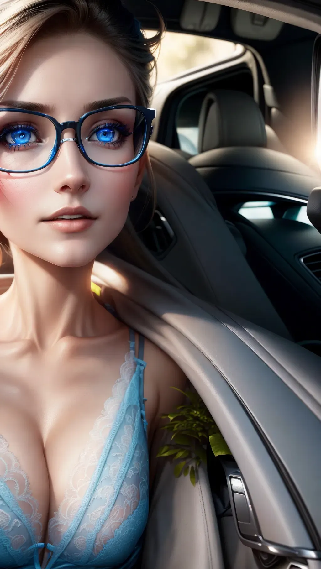 Zexy woman with blue eyes wearing glasses in a car, bra,