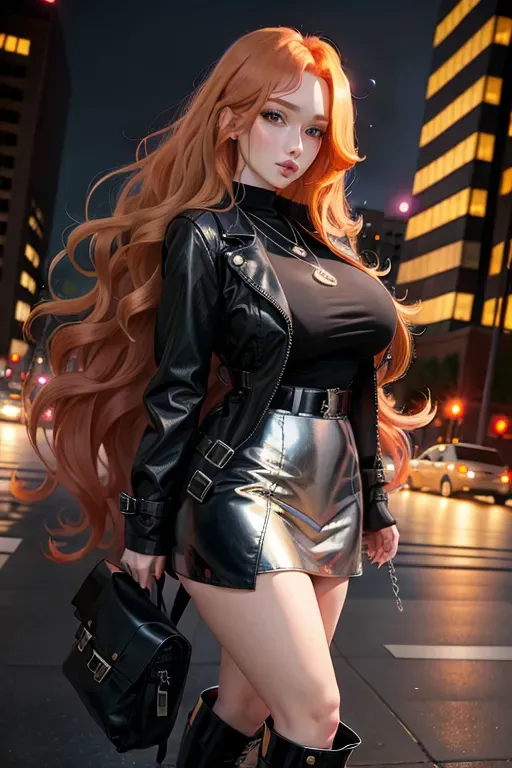 full body, strawberry blonde hair, hazel eyes, short girl, black miniskirt, black high heel boots, looking at viewer, long hair, pale skin, silver necklace, black shirt, 24 years old, giant breasts, cute face, pov, wavy hair, city environment, Oklahoma City, wide eyes, erotic, skirt tug, red trench coat, nighttime, black backpack