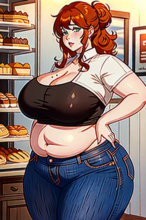 a photo shot of, an ssbbw girl, beer belly, mom bod, huge mom bod, fat mom bod, bloated, fat gut, huge gut, stuffed gut, swollen gut, huge stomach, giant beer belly, blushing, stuffed belly, chubby cheeks, thick neck, fattest girl, huge breasts, large belly, huge belly, fat belly, fat rolls, giant belly, double chin, chubby, huge thighs, fat thighs, giant thighs, massive thighs, thicc thighs, muffintop, huge muffintop, fat muffintop, spare tire, thicc, five fingers per hand, messy hair, orange hair, curly hair, messy bun hairstyle, wide hips, weight gain, feederism, freckles, big nose, big mouth, green eyes, pale skin, mean face, smooth, pixiv, highly detailed, surreal, sharp focus, full body, fat arms, huge arms, extra large hips, huge waist, wide waist, casual clothes, jeans, in a bakery