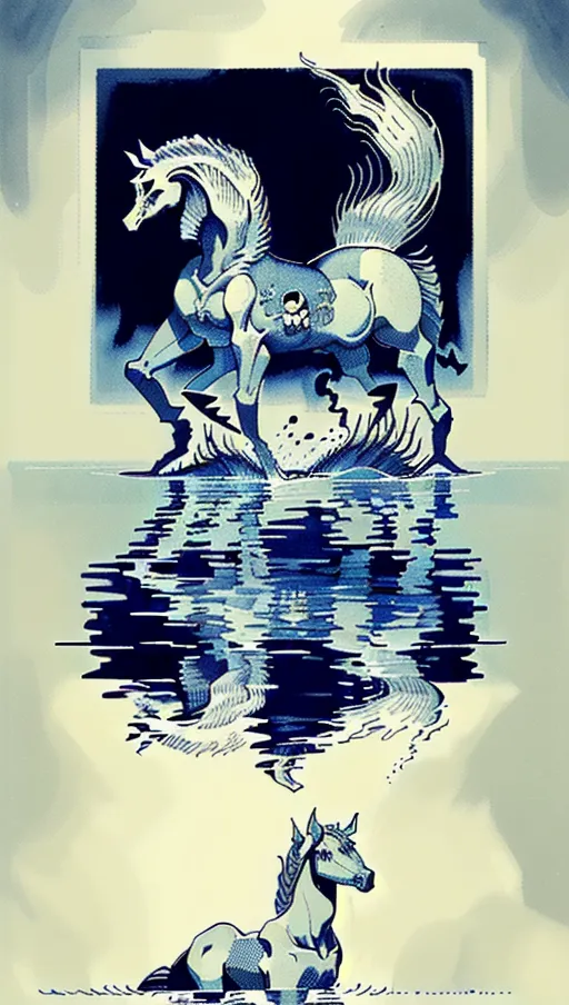 ((128k masterpiece)) (In water reflection is skull image) vintage etching style illustration of a Scottish kelpie water creature, (((Vintage line etching style))). a bestiary image of a traditional (welsh kelpie fantasy mythical creature), dynamic compositional poster art)), kelpie:1.5 water dwelling horse of sadness, ((half-horse-half-fish)) as in water reflection skeletons hands raise from water skulls in water