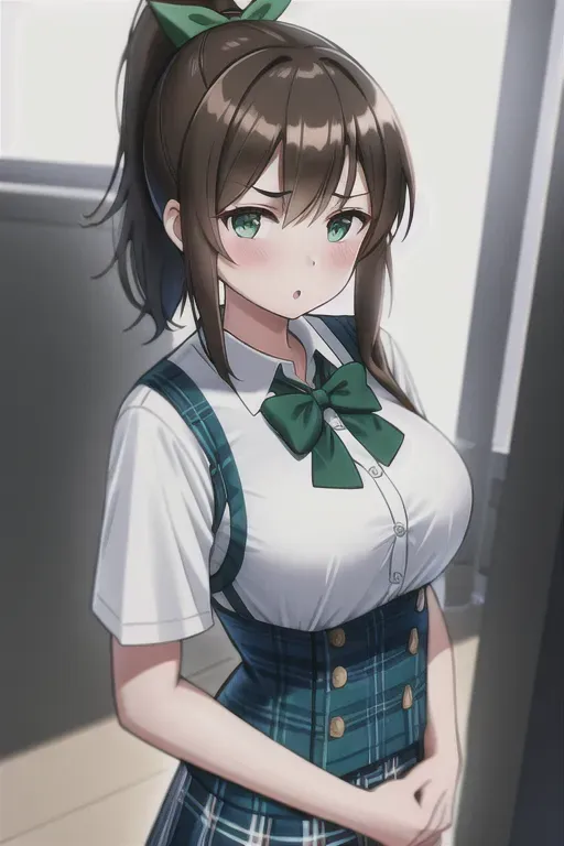 a photograph of cute green-eyed and brown-haired tween girl,wearing primary school blue plaid skirted uniform with vest and obvious diaper,very small breasts,five slender fingers,long hair in a ponytail with a pink bow,beautiful face,beautiful lips,detailed large eyes,curved eyebrows,curved eyelid,textured skin,playful,calculating,cgsociety,cinematic lighting,sharp focus,editorial,8k