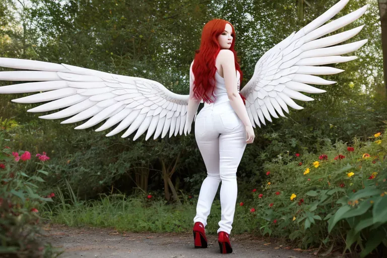 Red hair, long hair, slim, gargantuan breasts, big butt, tight white jeans, high quality, 8k, hourglass figure, nude, cyberpunk, realistic, flower tattoos, standing straight up, thicc, angel wings